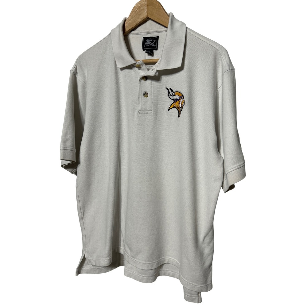 Starter Minnesota Vikings Mens Polo Shirt‎ White Short Sleeve Embroidered Large